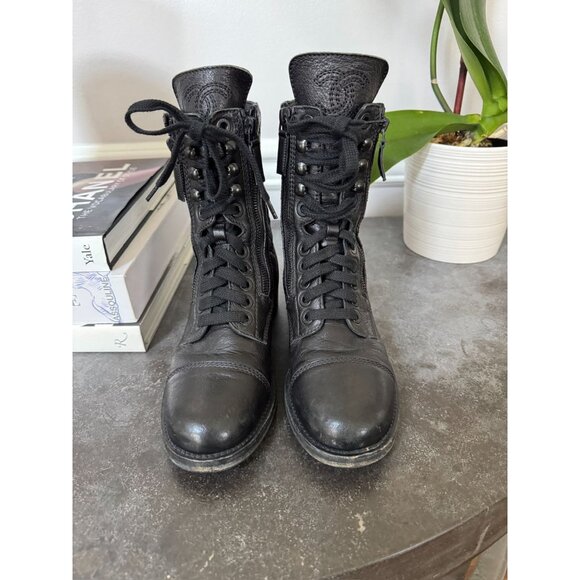 CHANEL CC Logo Quilted Black Leather Moto Biker Combat Boots 35.5 - Picture 1 of 13